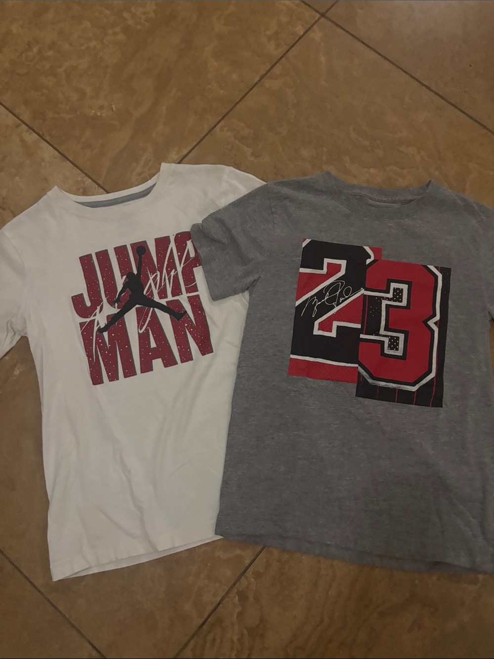 Jordan Kids Short Sleeve Tees — White & Gray with Red Graphics